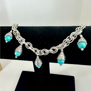 CAROLYN POLLACK Sterling Silver Turquoise Dangle Charm Toggle Bracelet; 7.5”